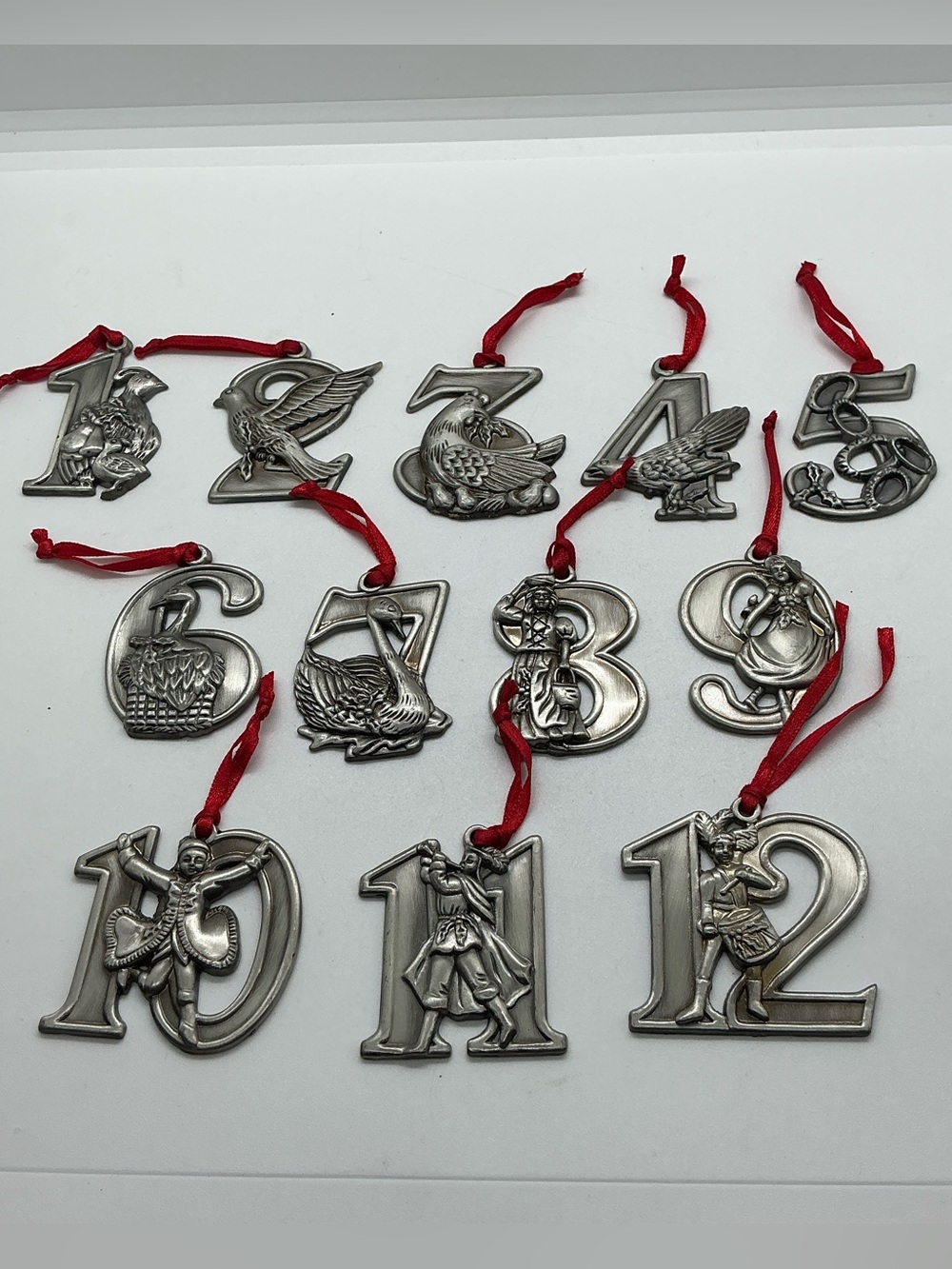 Set of 12 Days of Christmas Metal Pewter Number Hanging Ornaments Silver Color